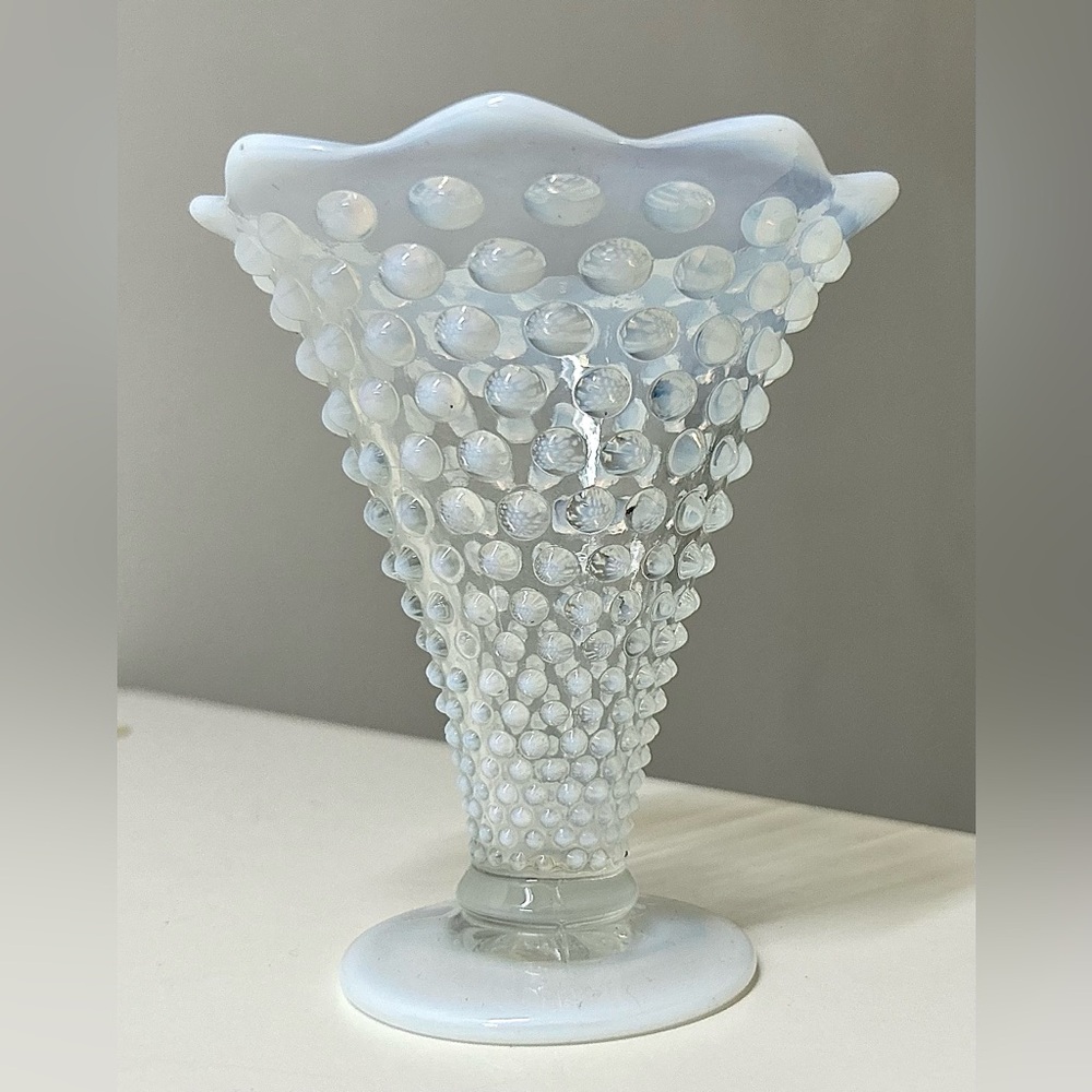 1940s Vintage Fenton Opalescent French Hobnail Milk Glass Footed Fluted Vase